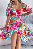 Flower Print Ruffle Edge Square Neck Dress