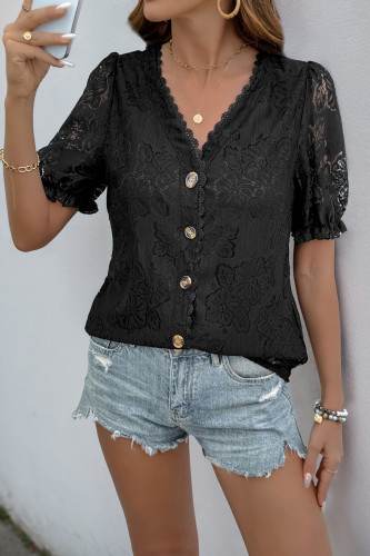 Summer Lace V-Neck Short Sleeve Shirt