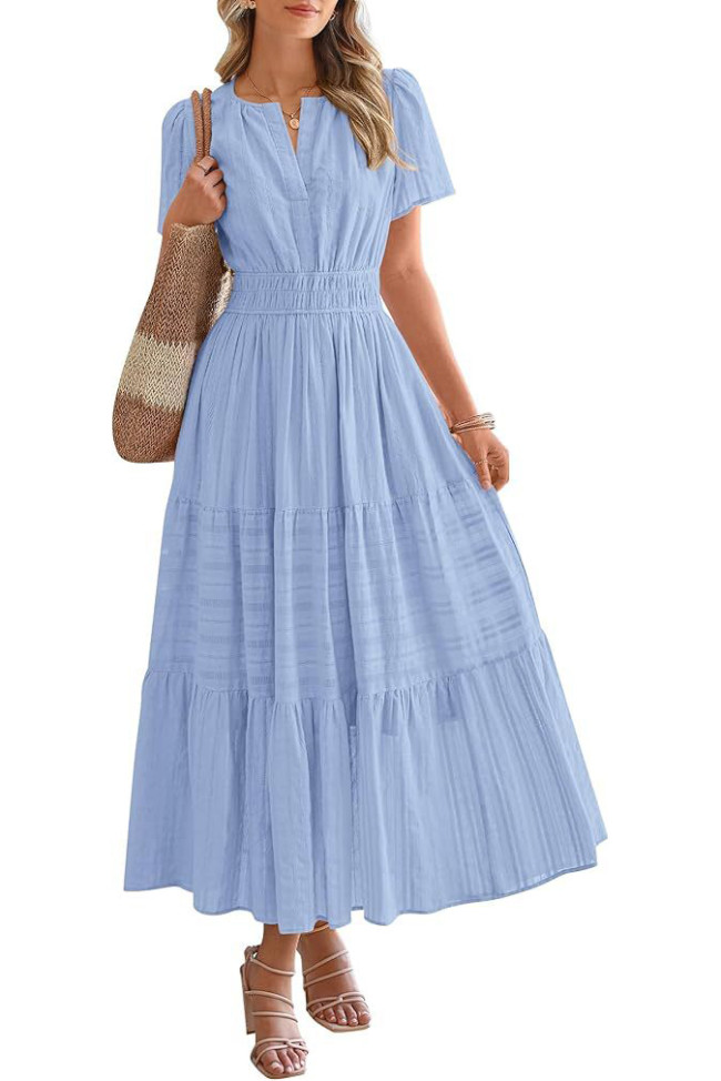 V-Neck Bubble Short Sleeved Waist Cinching Dress