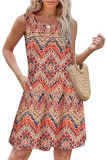 Round Neck Pleated Sleeveless Printed Pocket Dress