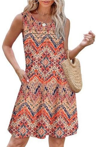 Round Neck Pleated Sleeveless Printed Pocket Dress