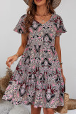 V-Neck Ruffle Short Sleeve Printed Dress