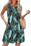Round Neck Pleated Sleeveless Printed Pocket Dress