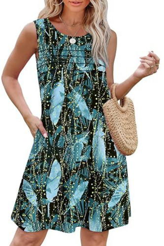 Round Neck Pleated Sleeveless Printed Pocket Dress
