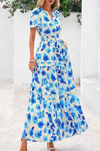 V-Neck Pleated Bohemian Short Sleeved Dress