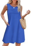 Round Neck Pleated Sleeveless Printed Pocket Dress