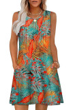 Round Neck Printed Pocket Sleeveless Vest Dress
