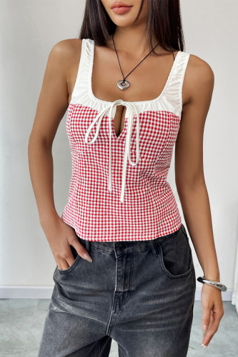 Plaid Print Lace Up Hollow Camisole Sleeveless Vest