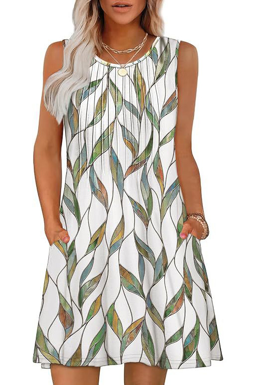 Round Neck Printed Pocket Sleeveless Vest Dress