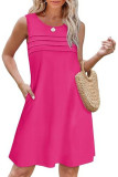 Round Neck Pleated Sleeveless Printed Pocket Dress