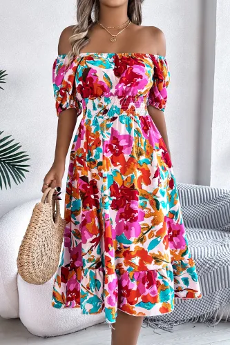 Flower Print Ruffle Edge Square Neck Dress