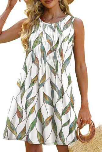 Round Neck Printed Pocket Sleeveless Vest Dress