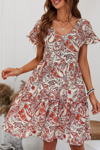 V-Neck Ruffle Short Sleeve Printed Dress
