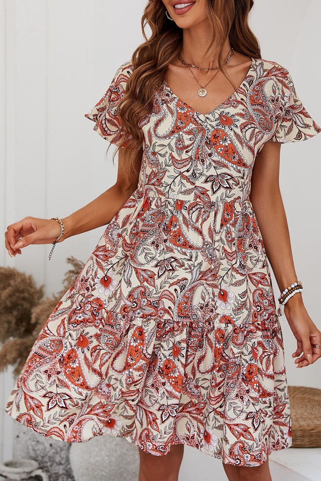 V-Neck Ruffle Short Sleeve Printed Dress