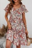 V-Neck Ruffle Short Sleeve Printed Dress