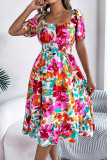 Flower Print Ruffle Edge Square Neck Dress