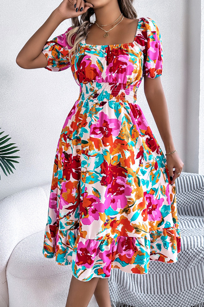 Flower Print Ruffle Edge Square Neck Dress