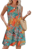 Round Neck Pleated Sleeveless Printed Pocket Dress