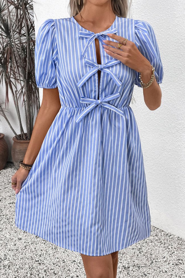 Round Neck Bow Tie Striped Short Sleeve Dress
