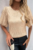 Bubble Sleeve Round Neck Solid Color Sequin T-Shirt
