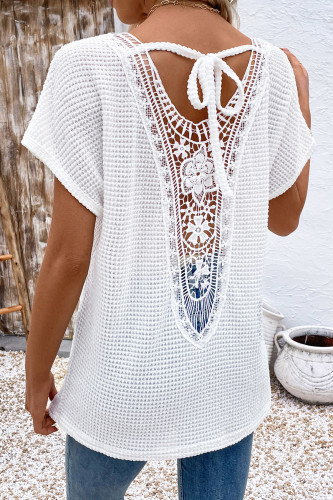 V-Neck Short Sleeved Hollow White T-Shirt