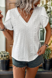 Simple Lace Hollow V-Neck Short Sleeve Shirt