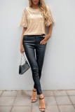 Bubble Sleeve Round Neck Solid Color Sequin T-Shirt