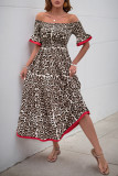 Lotus Leaf Sleeve Off Shoulder Leopard Print Dress