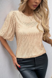 Bubble Sleeve Round Neck Solid Color Sequin T-Shirt