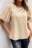 Bubble Sleeve Round Neck Solid Color Sequin T-Shirt