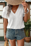 Simple Lace Hollow V-Neck Short Sleeve Shirt
