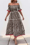 Lotus Leaf Sleeve Off Shoulder Leopard Print Dress