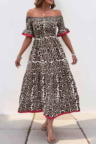 Lotus Leaf Sleeve Off Shoulder Leopard Print Dress