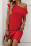 Slanted Shoulder Solid Color Short Sleeved Dress
