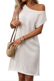 Slanted Shoulder Solid Color Short Sleeved Dress