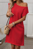 Slanted Shoulder Solid Color Short Sleeved Dress