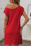 Slanted Shoulder Solid Color Short Sleeved Dress