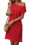 Slanted Shoulder Solid Color Short Sleeved Dress