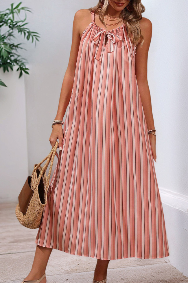 Summer Bow Striped Loose Sleeveless Dress