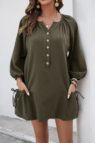 Loose Elastic Long Sleeved Pocket Solid Color Dress