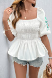 Square Neck Bubble Sleeve Embroidered Shirt