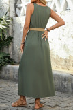 Split Solid Color Sleeveless Round Neck Dress