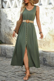 Split Solid Color Sleeveless Round Neck Dress