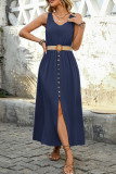 Split Solid Color Sleeveless Round Neck Dress