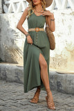 Split Solid Color Sleeveless Round Neck Dress