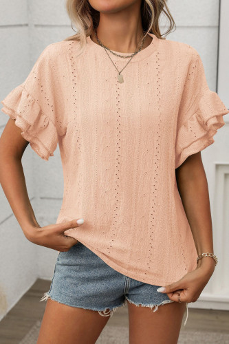 Solid Color Round Neck Ruffle Short Sleeved T-Shirt