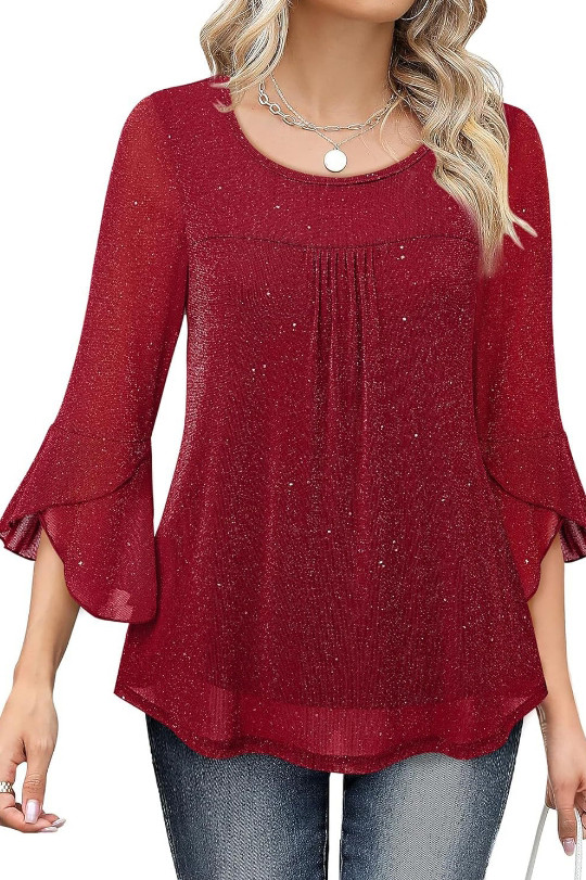 Seven Quarter Flared Sleeve Round Neck Mesh Shirt