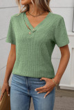 V-Neck Short Sleeved Button Knit T-Shirt