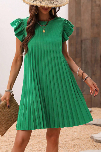 Solid Color Pleated Ruffled Short Sleeved Dress