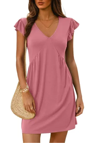 Flying Short Sleeve V-Neck Pleated Dress